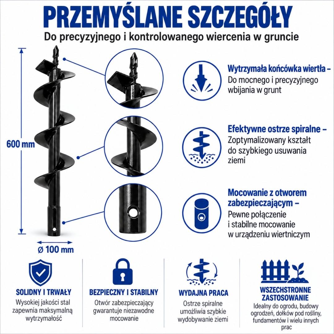 Zemní vrták 100 mm 600 mm pro vrtnou soupravu šnek do země ocel robustní zahradní M12929